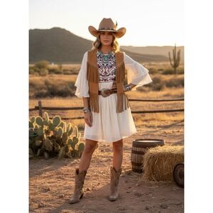 UMGEE Boho Bliss Floral Embroidered Mini Dress - Ivory, Bell Sleeves, Size M